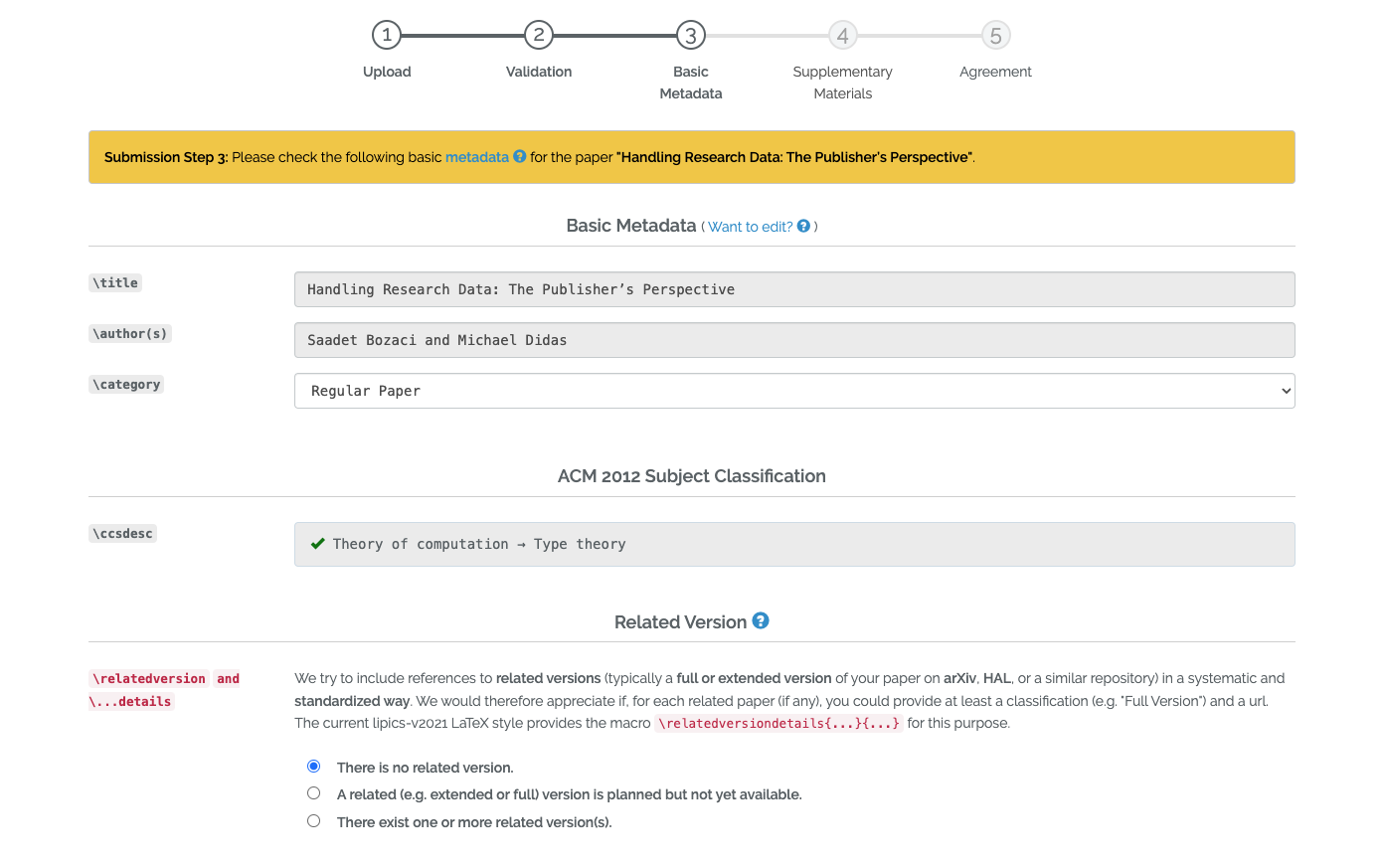 Submission Step 3 - Basic Metadata